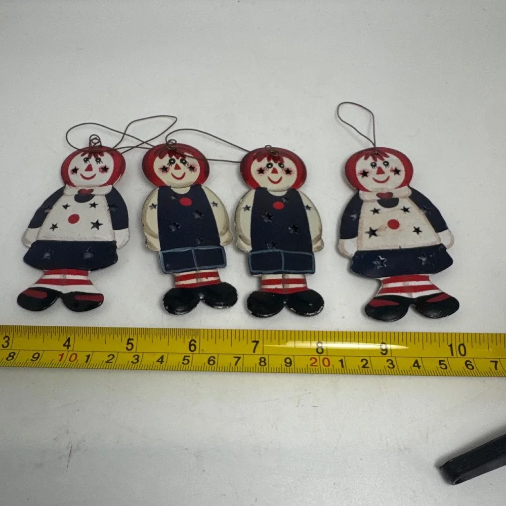 Raggedy Ann Andy Tin Ornaments Unisex OS Red White Blue Excellent Set 4
